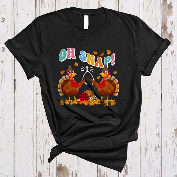 MacnyStore - Oh Snap, Adorable Cool Thanksgiving Turkey With Wishbone, Fall Leaf Plaid Pumpkins T-Shirt