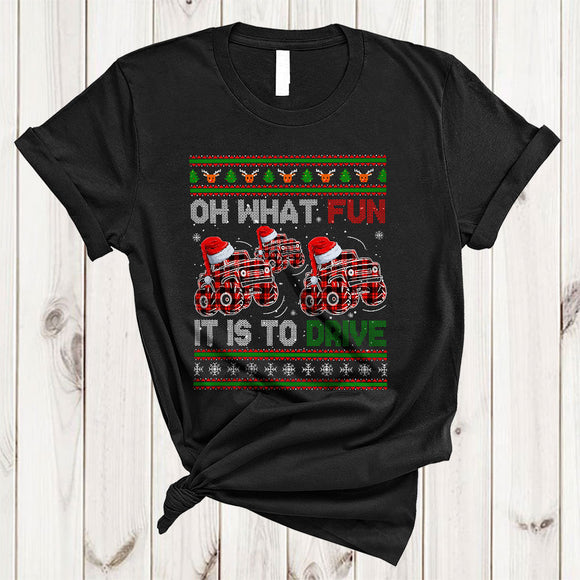 MacnyStore - Oh What Fun It Is To Drive, Wonderful X-mas Three Plaid Santa Driving Monster Truck, Christmas Group T-Shirt