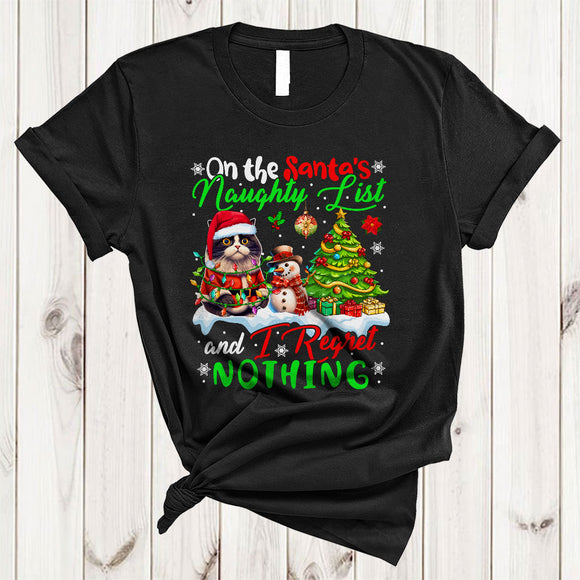 MacnyStore - On The Santa's Naughty List And I Regret Nothing, Joyful Christmas Santa Cat, X-mas Tree T-Shirt