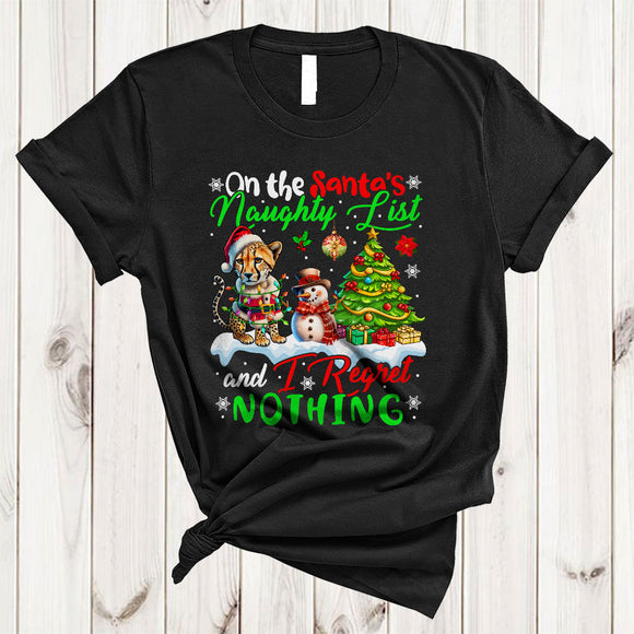 MacnyStore - On The Santa's Naughty List And I Regret Nothing, Joyful Christmas Santa Cheetah, X-mas Tree T-Shirt