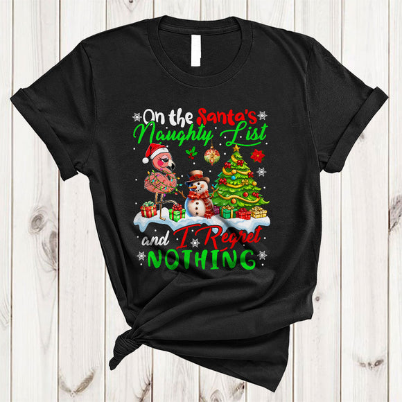 MacnyStore - On The Santa's Naughty List And I Regret Nothing, Joyful Christmas Santa Flamingo, X-mas Tree T-Shirt