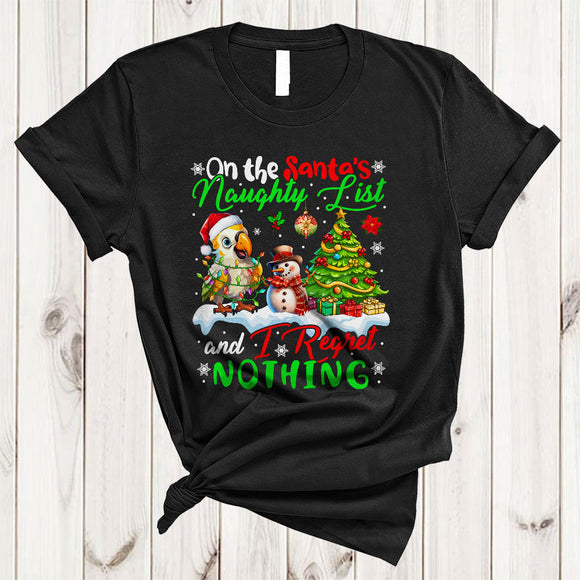 MacnyStore - On The Santa's Naughty List And I Regret Nothing, Joyful Christmas Santa Parrot, X-mas Tree T-Shirt