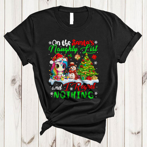 MacnyStore - On The Santa's Naughty List And I Regret Nothing, Joyful Christmas Santa Unicorn, X-mas Tree T-Shirt