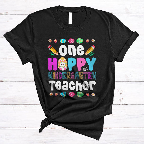 MacnyStore - One Hoppy Kindergarten Teacher, Happy Easter Day Eggs Bunny Lover, Egg Hunting Teacher Group T-Shirt