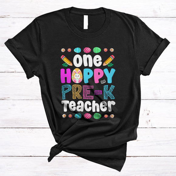 MacnyStore - One Hoppy Pre-K Teacher, Happy Easter Day Eggs Bunny Lover, Egg Hunting Teacher Group T-Shirt