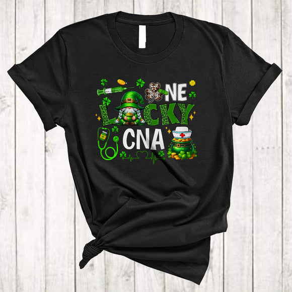 MacnyStore - One Lucky CNA, Cute St. Patrick's Day Leopard Plaid Nurse Gnome, Irish Gnomies Group T-Shirt