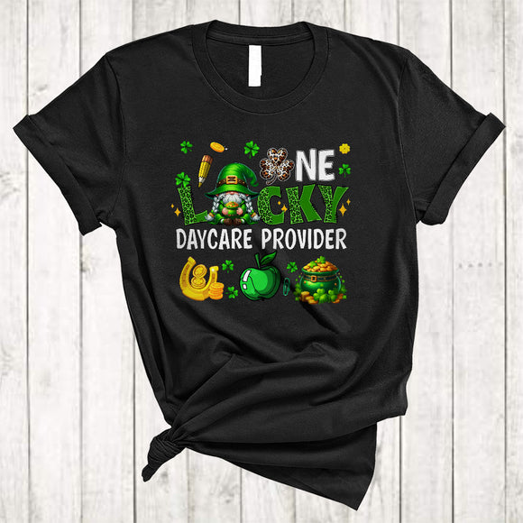 MacnyStore - One Lucky Daycare Provider, Cute St. Patrick's Day Leopard Plaid Gnome, Irish Gnomies Group T-Shirt