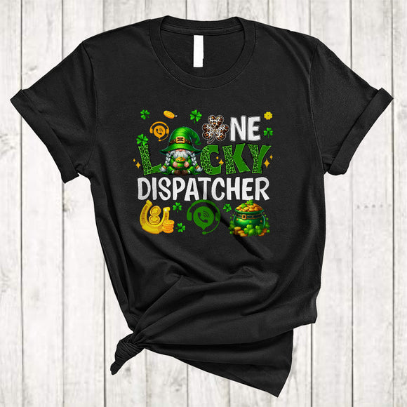 MacnyStore - One Lucky Dispatcher, Cute St. Patrick's Day Leopard Plaid Dispatcher Gnome, Irish Gnomies Group T-Shirt