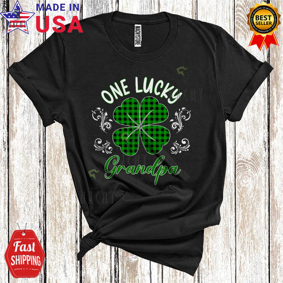 MacnyStore - One Lucky Grandpa Cute Happy St. Patrick's Day Family Group Green Plaid Shamrock Shape Lover T-Shirt