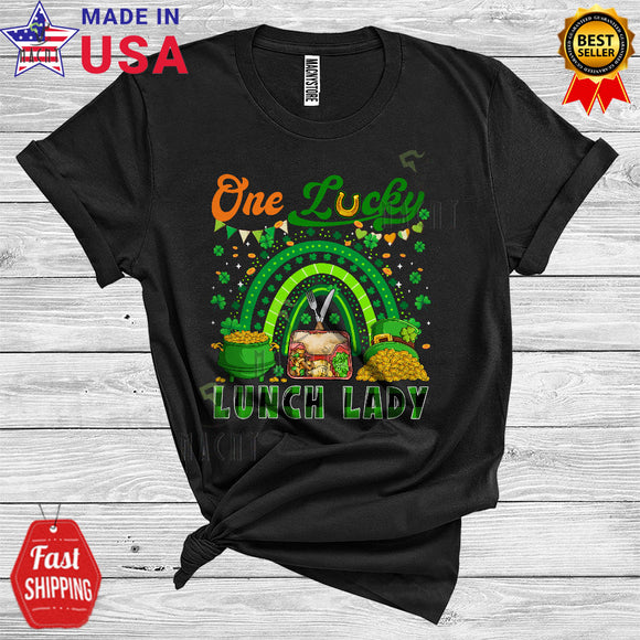 MacnyStore - One Lucky Lunch Lady Funny Cool St. Patrick's Day Green Plaid Shamrock Rainbow Matching Group T-Shirt