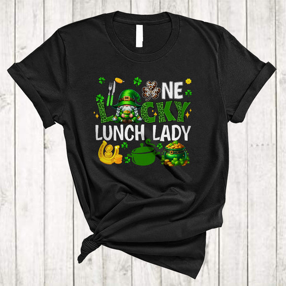 MacnyStore - One Lucky Lunch Lady, Cute St. Patrick's Day Leopard Plaid Gnome, Irish Gnomies Group T-Shirt