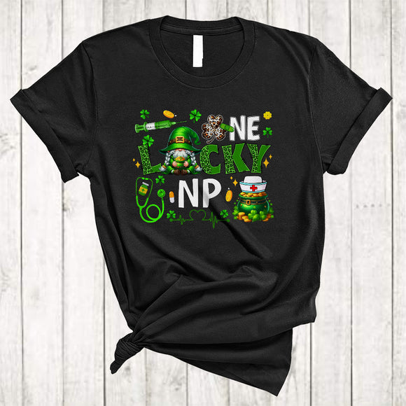 MacnyStore - One Lucky NP, Cute St. Patrick's Day Leopard Plaid Nurse Gnome, Irish Gnomies Group T-Shirt