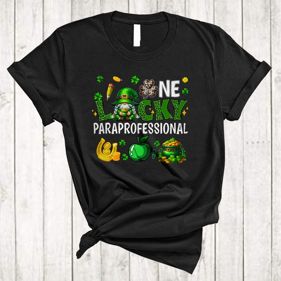 MacnyStore - One Lucky Paraprofessional, Cute St. Patrick's Day Leopard Plaid Gnome, Irish Gnomies Group T-Shirt