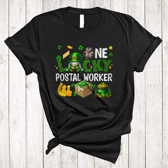 MacnyStore - One Lucky Postal Worker, Cute St. Patrick's Day Leopard Plaid Gnome, Irish Gnomies Group T-Shirt