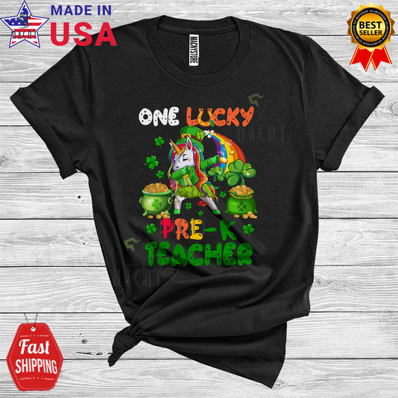 MacnyStore - One Lucky Pre-K Teacher Cute Happy St. Patrick's Day Shamrocks Dabbing Unicorn Teacher T-Shirt
