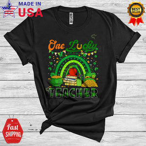MacnyStore - One Lucky Teacher Funny Cool St. Patrick's Day Green Plaid Shamrock Rainbow Matching Group T-Shirt