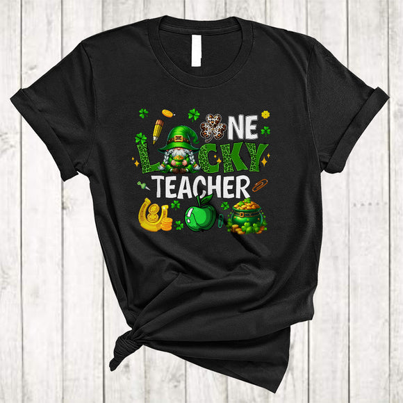MacnyStore - One Lucky Teacher, Cute St. Patrick's Day Leopard Plaid Teacher Gnome, Irish Gnomies Group T-Shirt