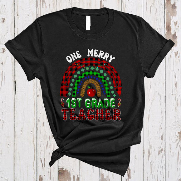 MacnyStore - One Merry 1st Grade Teacher Joyful Colorful Christmas Xmas Plaid Rainbow Teacher Group T-Shirt