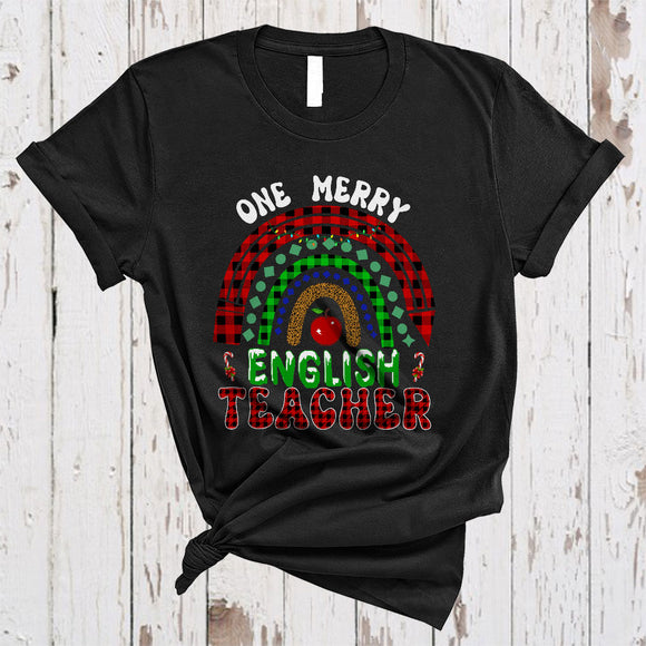 MacnyStore - One Merry English Teacher Joyful Colorful Christmas Xmas Plaid Rainbow Teacher Group T-Shirt