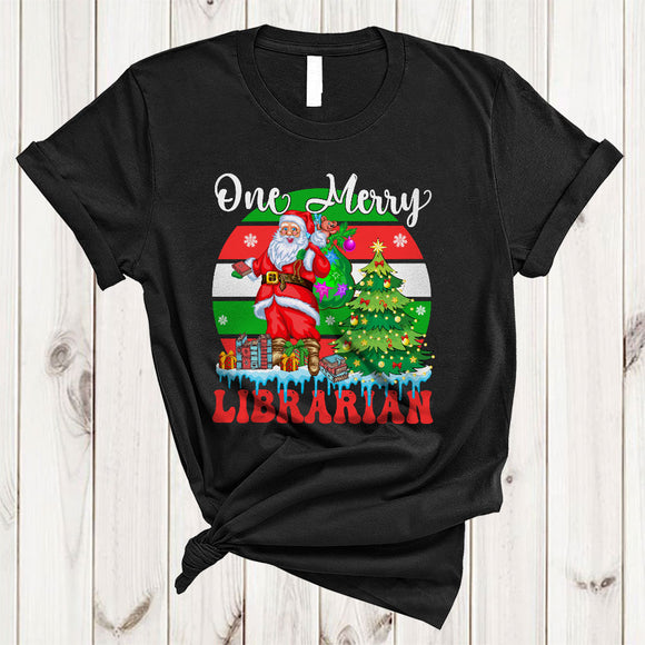 MacnyStore - One Merry Librarian, Cool Retro Christmas Tree Santa Lover, Matching X-mas Group T-Shirt