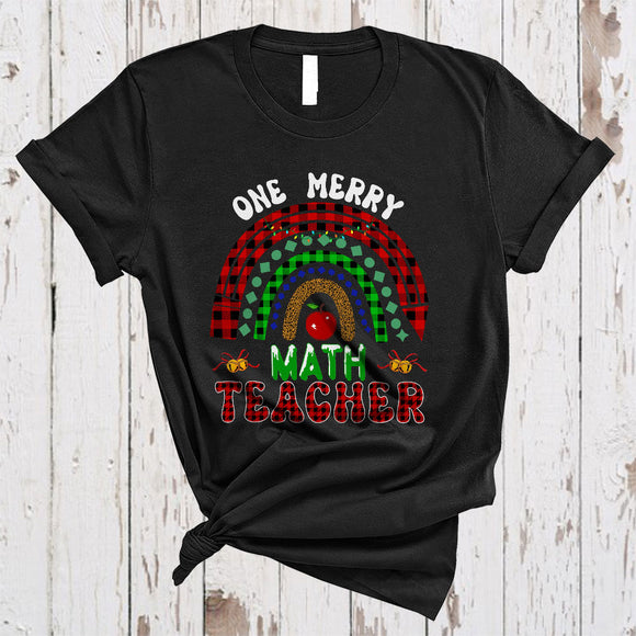 MacnyStore - One Merry Math Teacher Joyful Colorful Christmas Xmas Plaid Rainbow Teacher Group T-Shirt