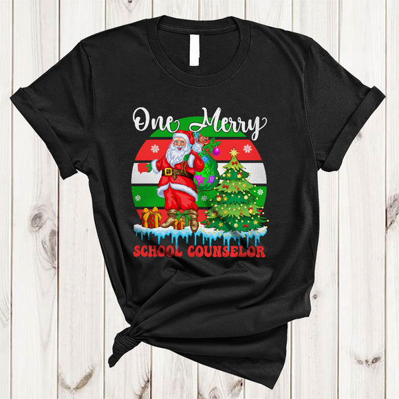 MacnyStore - One Merry School Counselor, Cool Retro Christmas Tree Santa Lover, Matching X-mas Group T-Shirt
