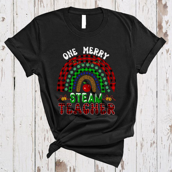 MacnyStore - One Merry Steam Teacher Joyful Colorful Christmas Xmas Plaid Rainbow Teacher Group T-Shirt