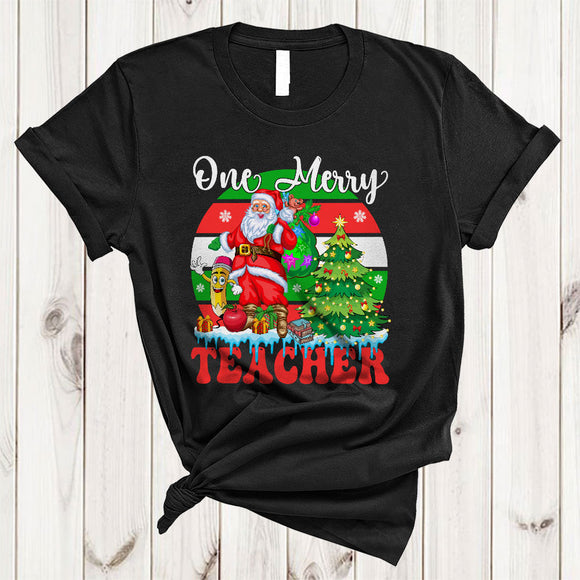 MacnyStore - One Merry Teacher, Cool Retro Christmas Tree Santa Lover, Matching X-mas Group T-Shirt