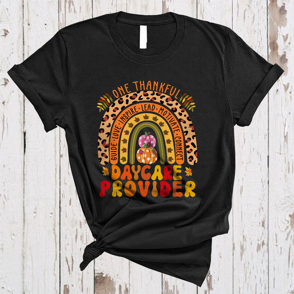 MacnyStore - One Thankful Daycare Provider, Cool Happy Thanksgiving Daycare Provider, Leopard Rainbow Pumpkin T-Shirt