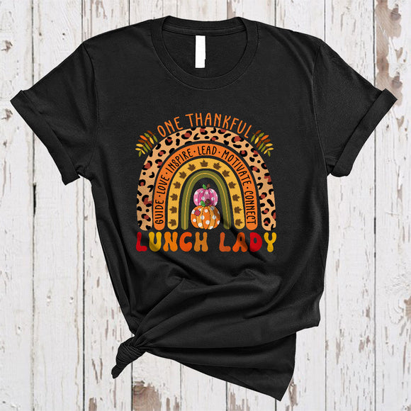 MacnyStore - One Thankful Lunch Lady, Cool Happy Thanksgiving Lunch Lady Proud, Leopard Rainbow Pumpkin T-Shirt