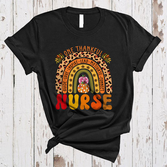 MacnyStore - One Thankful Nurse, Cool Happy Thanksgiving Nurse Proud, Leopard Rainbow Pumpkin T-Shirt