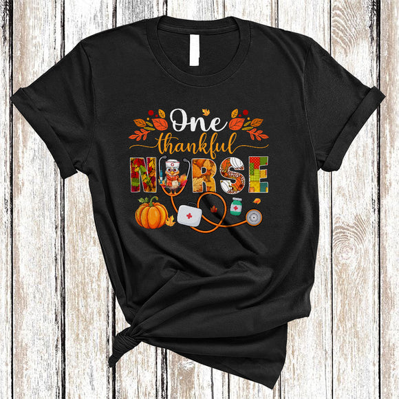 MacnyStore - One Thankful Nurse, Amazing Thanksgiving Nurse Hat Stethoscope Fall Leaf, Matching Nurse Group T-Shirt