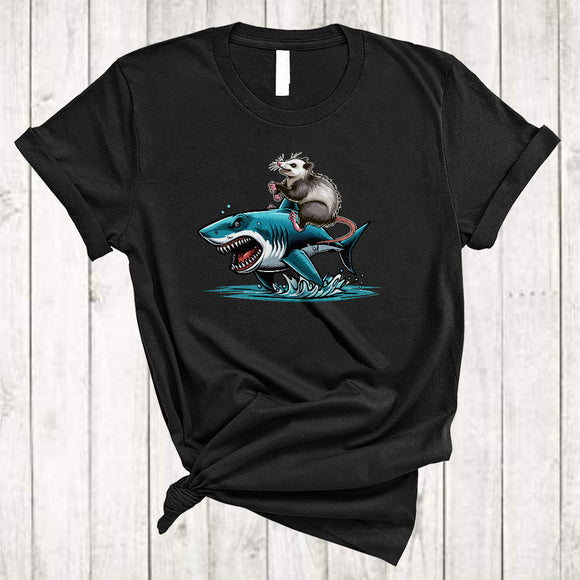 MacnyStore - Opossum Riding Shark, Humorous Cute Sea Wild Animal, Matching Sea Ocean Biologists Lover T-Shirt