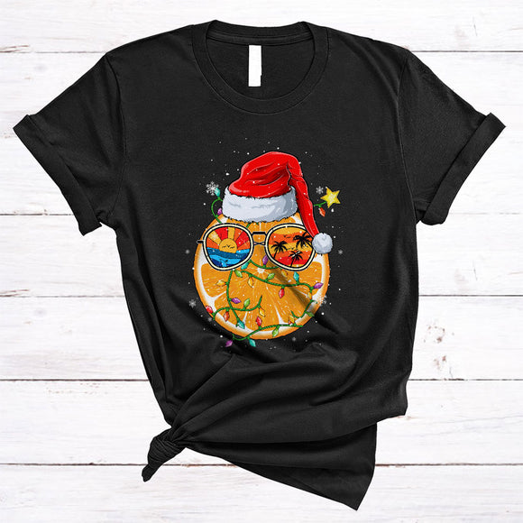 MacnyStore - Orange Wearing Sunglasses Santa, Adorable Christmas Lights Fruit, X-mas Vegan Lover T-Shirt