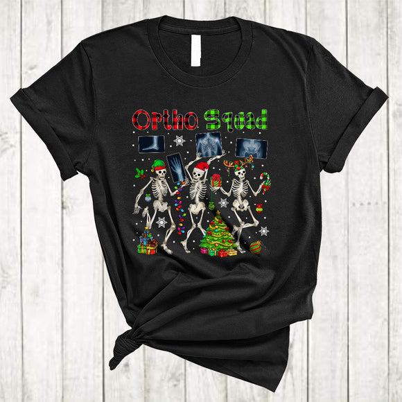 MacnyStore - Ortho Squad, Joyful Christmas Plaid Three Skeletons Dancing, Orthopedic Nurse RN Crew T-Shirt