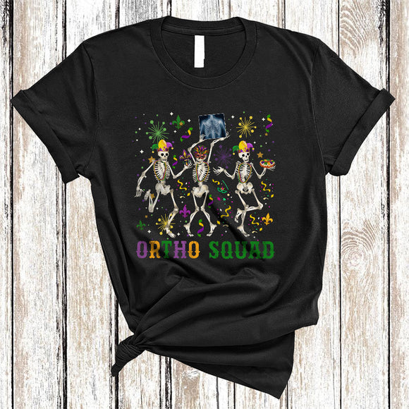 MacnyStore - Ortho Squad, Sarcastic Mardi Gras Three Skeletons Dancing, Matching Orthopedic Group T-Shirt
