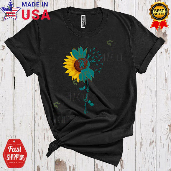 MacnyStore - Ovarian Cancer Awareness Cool Proud Ovarian Cancer Awareness Teal Ribbons Sunflower T-Shirt