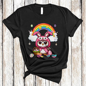 MacnyStore - Owl In Easter Bunny Cosplay, Adorable Easter Egg Hunt Rainbow, Bird Animal Lover T-Shirt