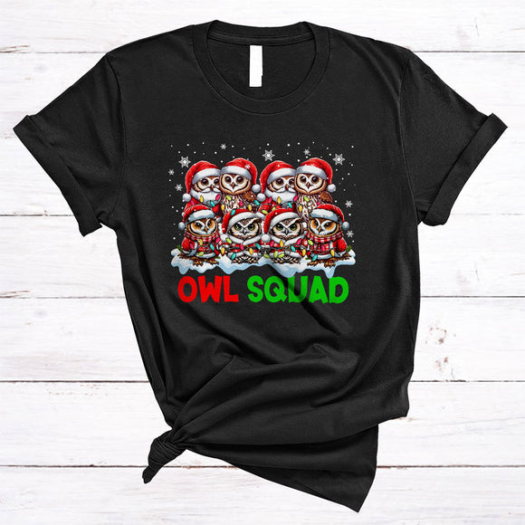 MacnyStore - Owl Squad, Lovely Awesome Christmas Group Santa Owl, X-mas Lights Snow Around T-Shirt