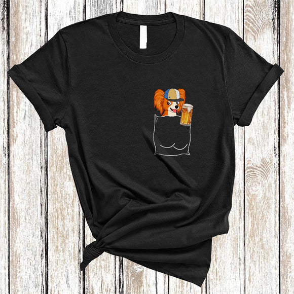 MacnyStore - Papillon Drinking Beer In Pocket, Humorous Drunker Beer Animal Lover, Drinking Group T-Shirt
