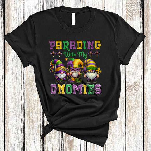 MacnyStore - Parading With My Gnomies, Lovely Mardi Gras Beads Three Gnomes Parades, Family Group T-Shirt