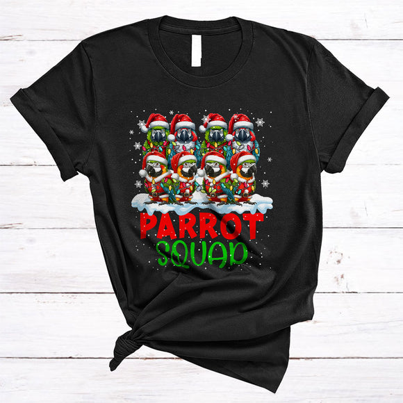 MacnyStore - Parrot Squad, Lovely Awesome Christmas Group Santa Parrot, X-mas Lights Snow Around T-Shirt