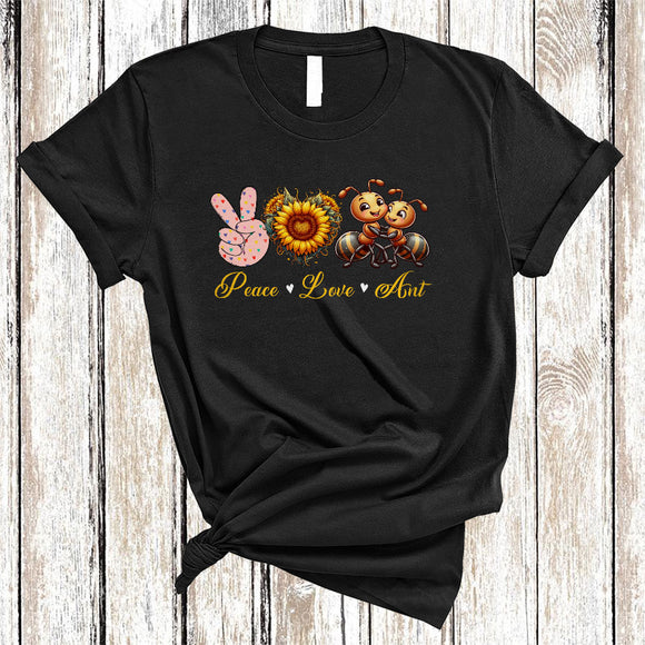 MacnyStore - Peace Love Ant, Amazing Cute Peace Hand Sign Heart Shape Sunflower, Ant Animal Lover T-Shirt