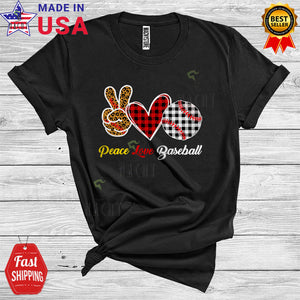 MacnyStore - Peace Love Baseball Funny Cool Leopard Peace Hand Sign Plaid Hearts Baseball Playing Player T-Shirt