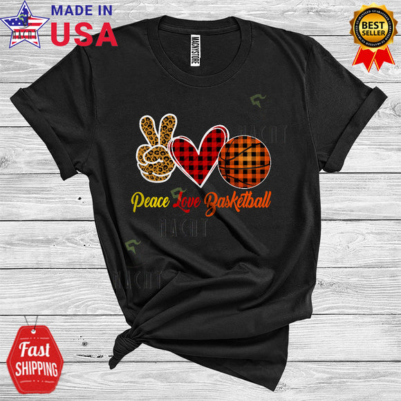 MacnyStore - Peace Love Basketball Funny Cool Leopard Peace Hand Sign Plaid Hearts Basketball Playing Player T-Shirt