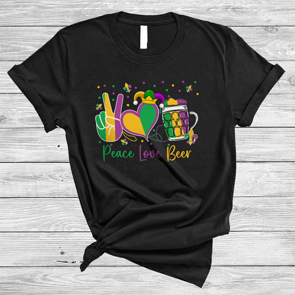 MacnyStore - Peace Love Beer, Awesome Mardi Gras Peace Hand Sign Heart Shape, Beer Drinking Group T-Shirt