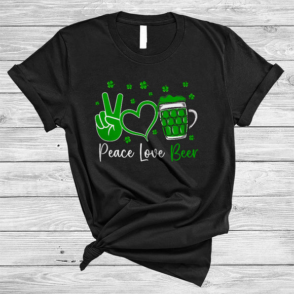 MacnyStore - Peace Love Beer, Awesome St. Patrick's Day Peace Hand Sign Heart Shape, Beer Drinking T-Shirt