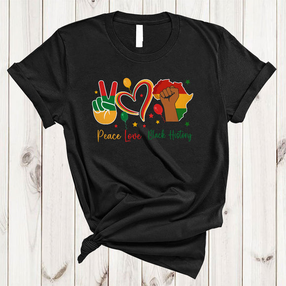 MacnyStore - Peace Love Black History, Awesome Black History Month Strong Hand, Peace Hand Sign Heart Shape T-Shirt