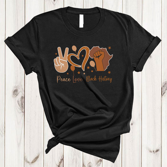 MacnyStore - Peace Love Black History, Proud Black History Month Strong Hand, Peace Hand Sign Heart Melanin T-Shirt