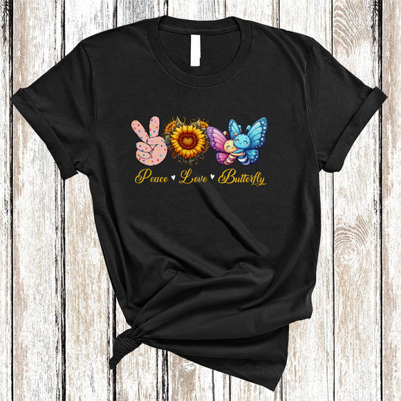 MacnyStore - Peace Love Butterfly, Amazing Cute Peace Hand Sign Heart Shape Sunflower, Animal Lover T-Shirt